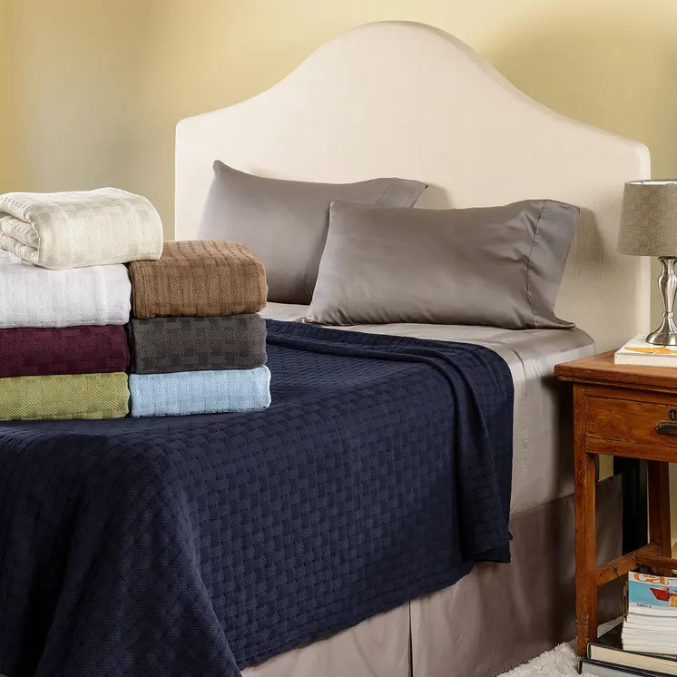 King Navy Blue Cotton Basketweave Geometric Blanket