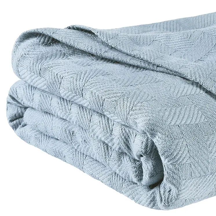 50" X 60" Light Blue Cotton Basketweave Geometric Throw Blanket