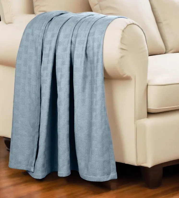 Twin Light Blue Cotton Basketweave Geometric Blanket