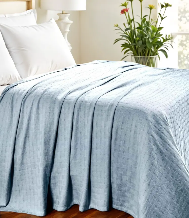 Twin Light Blue Cotton Basketweave Geometric Blanket