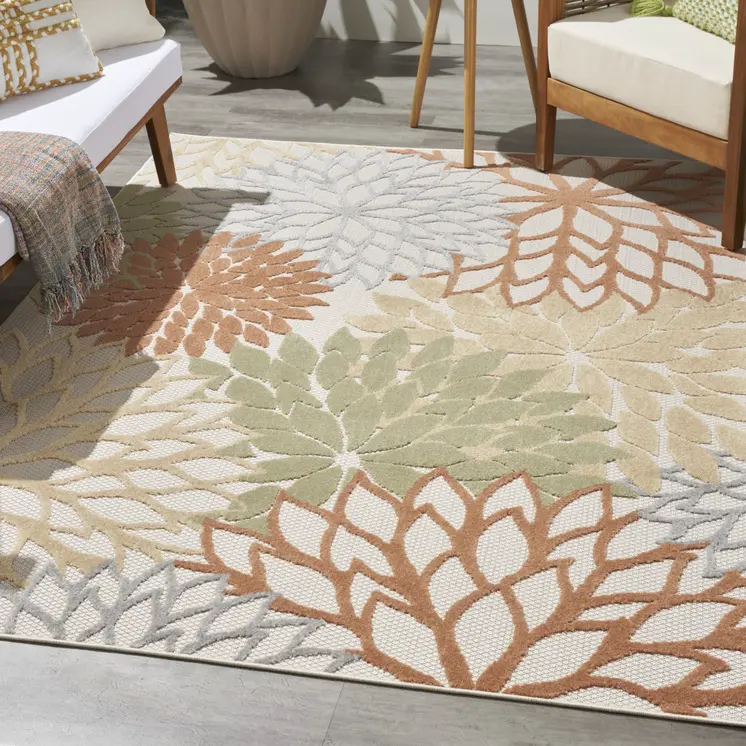 5' X 7' Ivory Green And Blue Indoor Outdoor Area Rug
