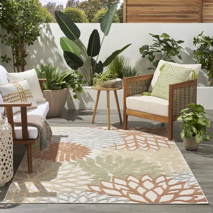 5' X 7' Ivory Green And Blue Indoor Outdoor Area Rug
