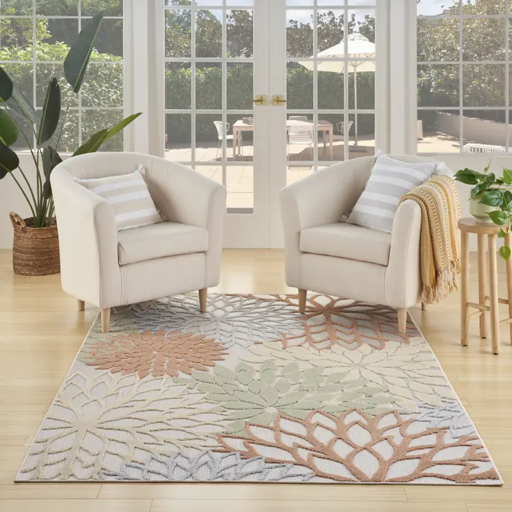 4' X 6' Ivory Green And Blue Indoor Outdoor Area Rug
