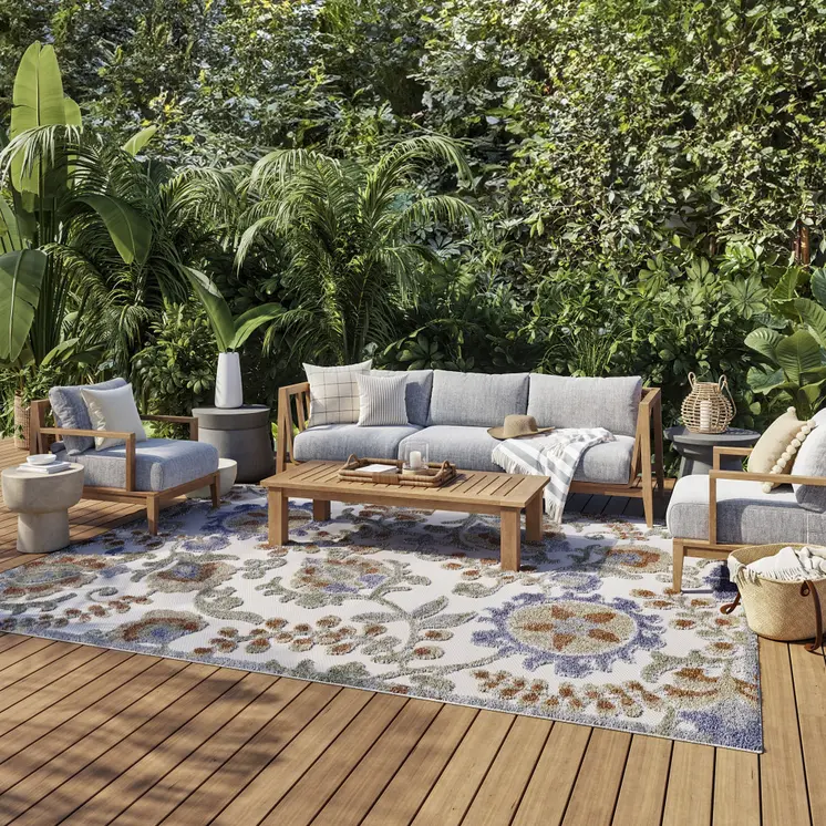 6' X 9' Ivory And Blue Indoor Outdoor Area Rug