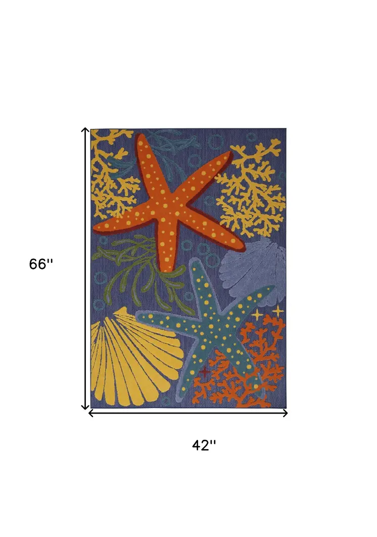 4' X 6' Blue Starfish Indoor Outdoor Area Rug