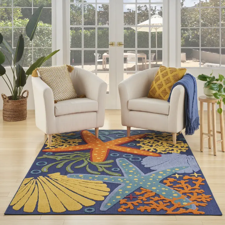 4' X 6' Blue Starfish Indoor Outdoor Area Rug