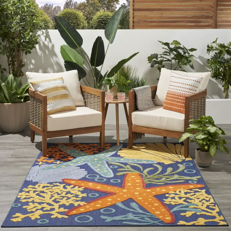4' X 6' Blue Starfish Indoor Outdoor Area Rug