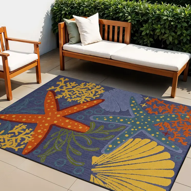 4' X 6' Blue Starfish Indoor Outdoor Area Rug