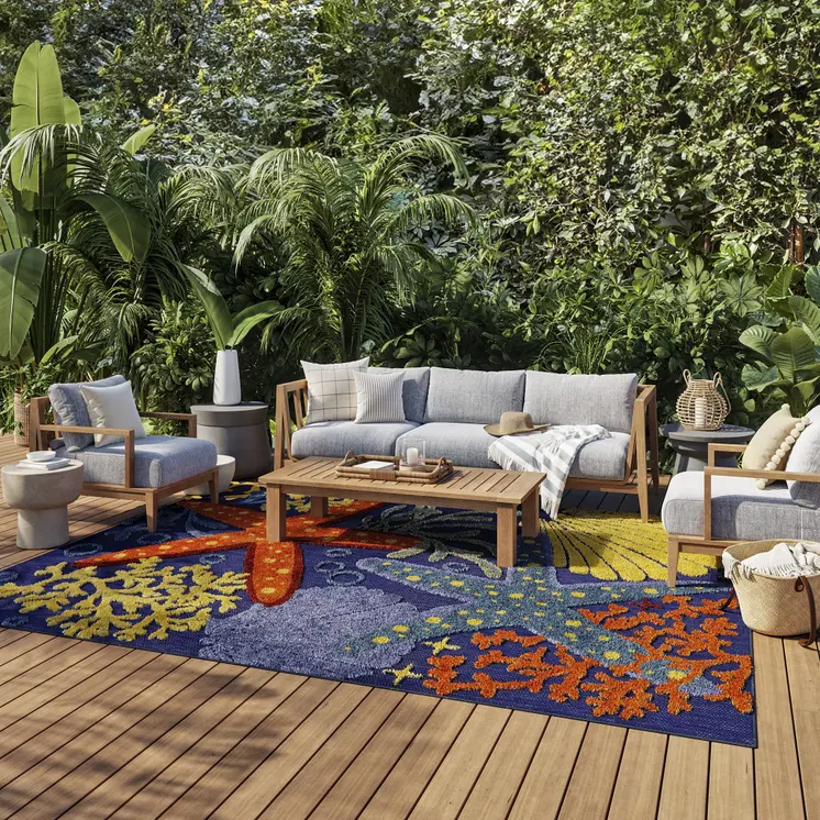 6' X 9' Orange Green And Blue Indoor Outdoor Area Rug