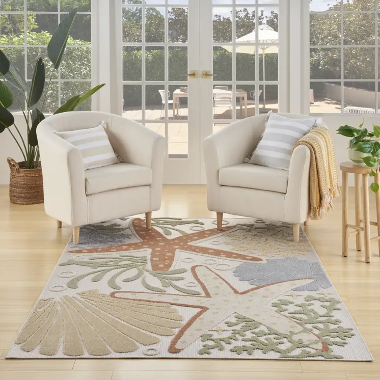 4' X 6' Ivory Orange And Blue Indoor Outdoor Area Rug