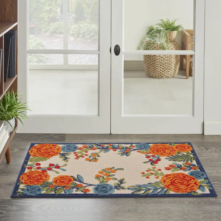 3' X 4' Ivory Orange and Blue Floral Indoor Outdoor Area Rug