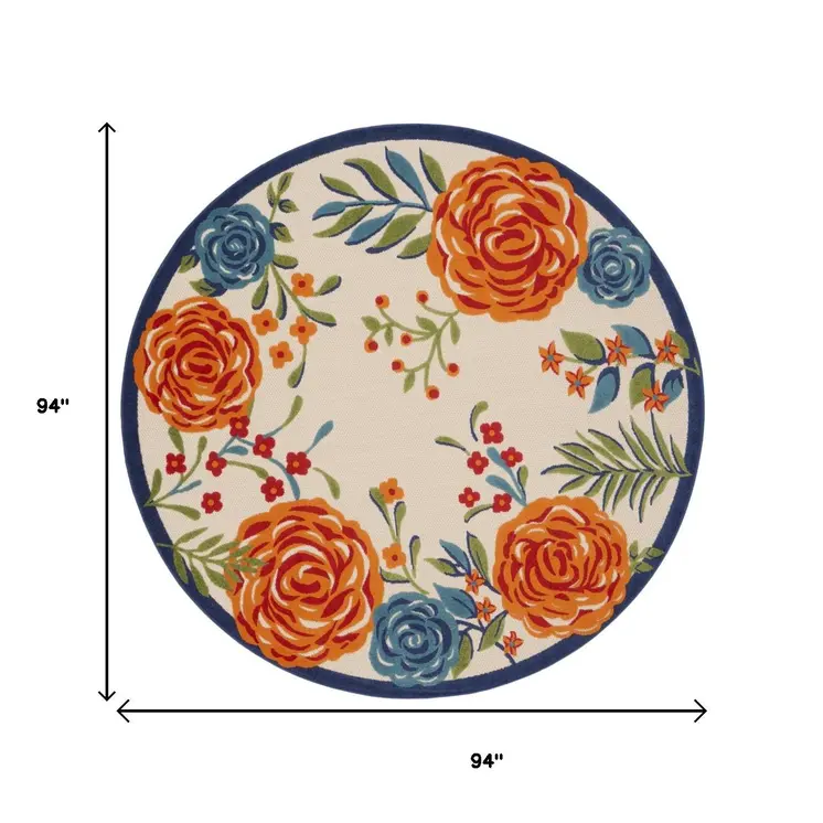 8' Ivory Orange and Blue Round Floral Indoor Outdoor Area Rug