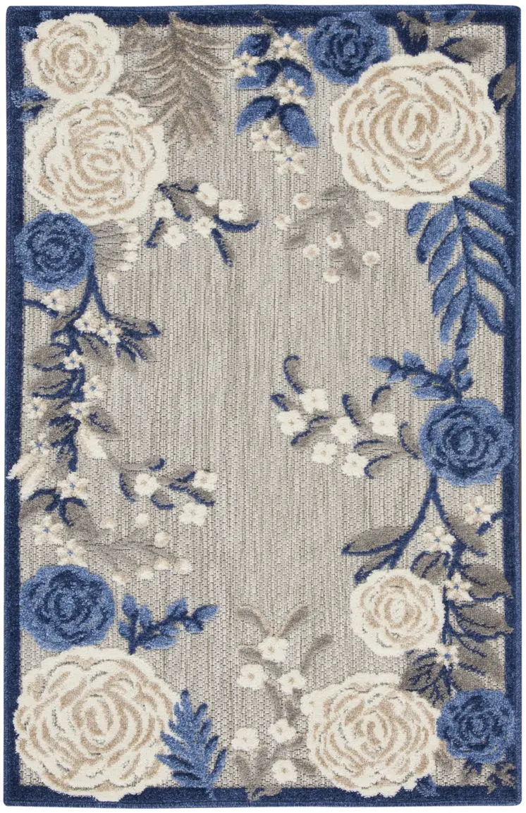 3' X 4' Blue and Gray Floral Indoor Outdoor Area Rug