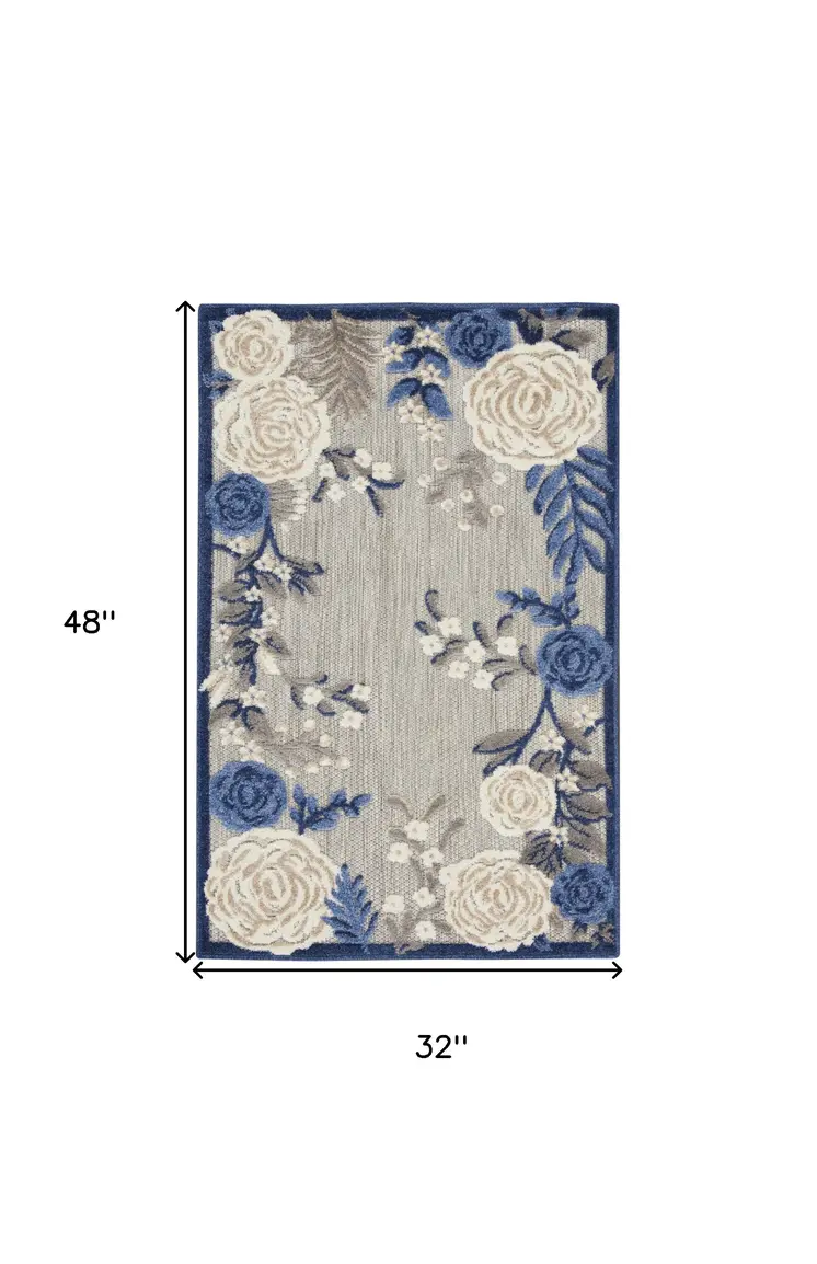 3' X 4' Blue and Gray Floral Indoor Outdoor Area Rug