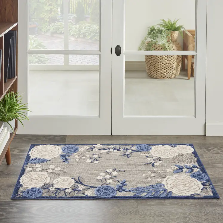 3' X 4' Blue and Gray Floral Indoor Outdoor Area Rug