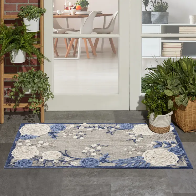 3' X 4' Blue and Gray Floral Indoor Outdoor Area Rug