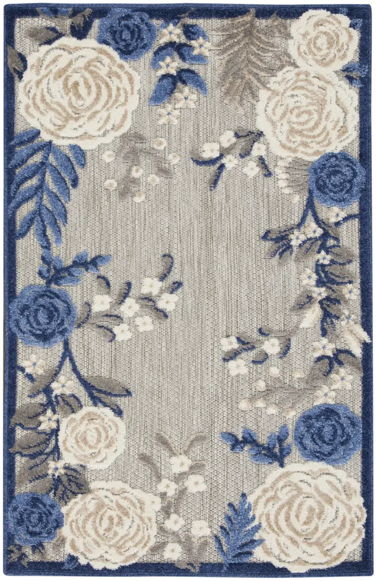 3' X 4' Blue and Gray Floral Indoor Outdoor Area Rug