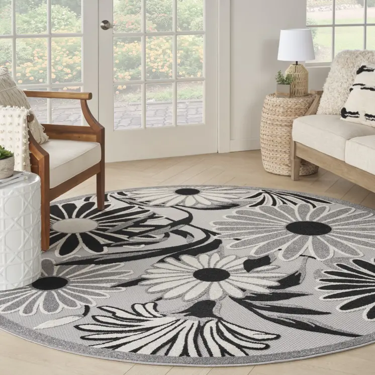 8' Black and White Round Floral Indoor Outdoor Area Rug