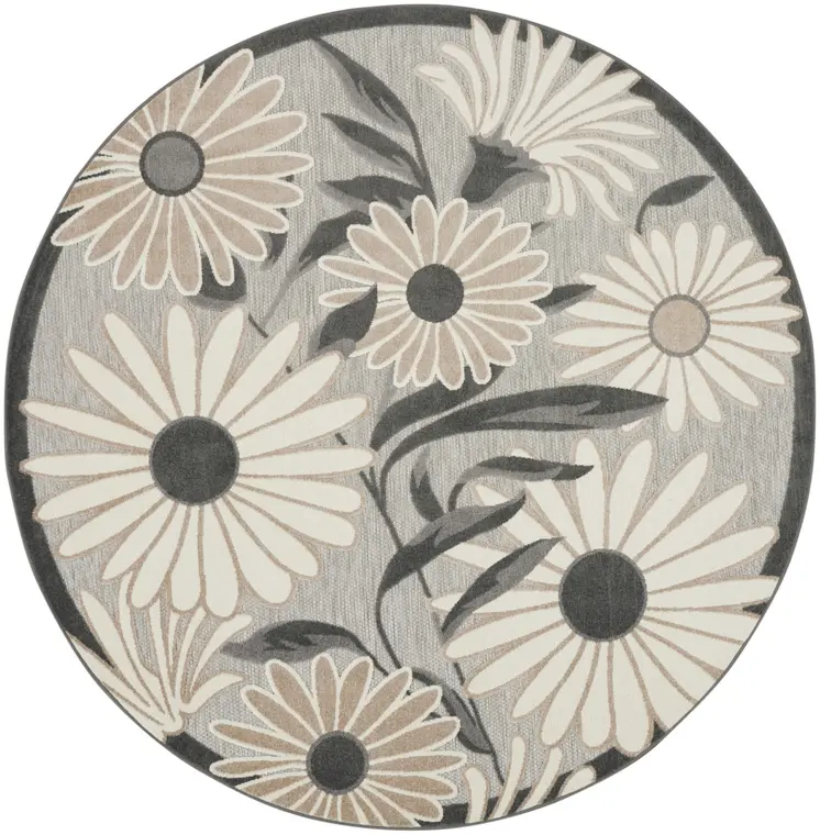 8' Beige Round Floral Indoor Outdoor Area Rug
