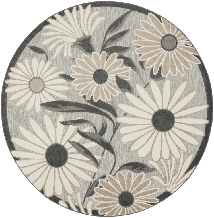 8' Beige Round Floral Indoor Outdoor Area Rug