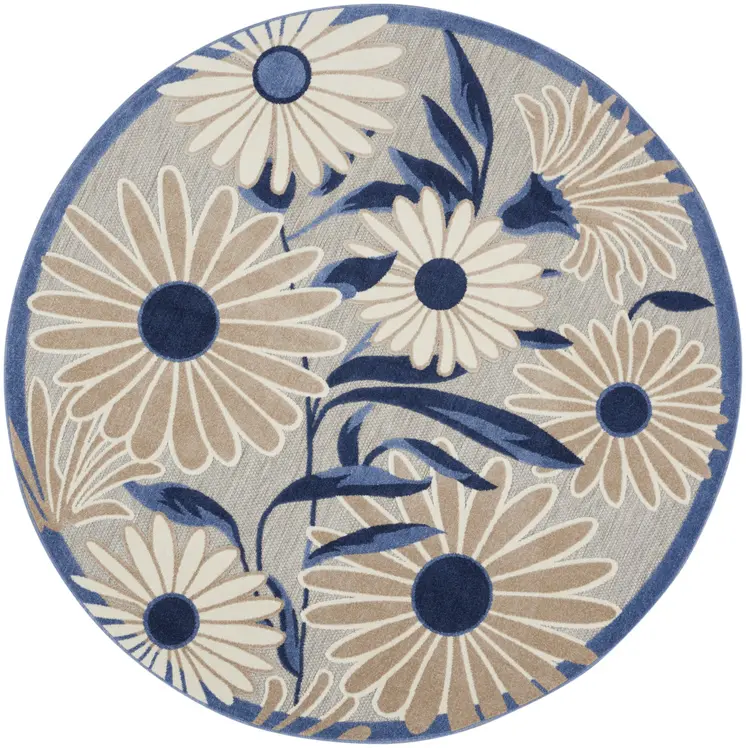 8' Blue and Gray Round Floral Indoor Outdoor Area Rug
