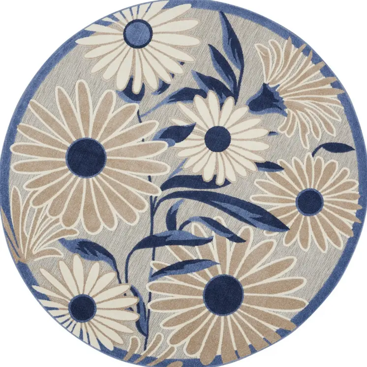 8' Blue and Gray Round Floral Indoor Outdoor Area Rug