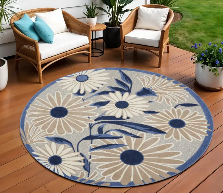 8' Blue and Gray Round Floral Indoor Outdoor Area Rug
