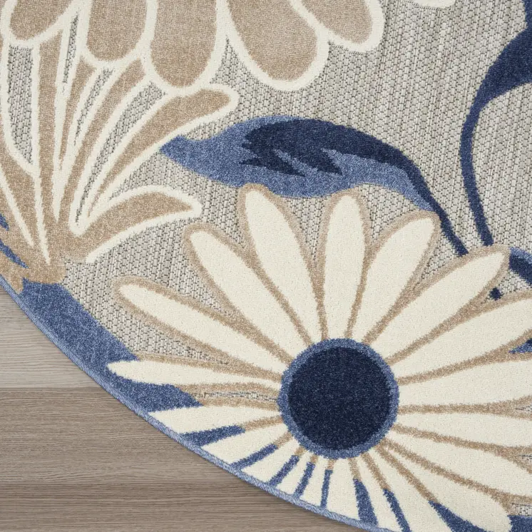 8' Blue and Gray Round Floral Indoor Outdoor Area Rug