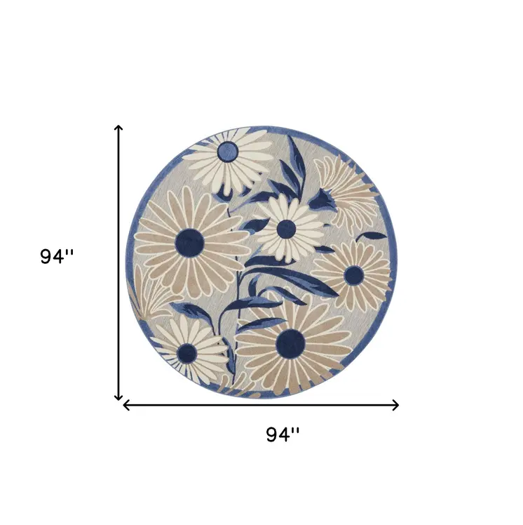 8' Blue and Gray Round Floral Indoor Outdoor Area Rug