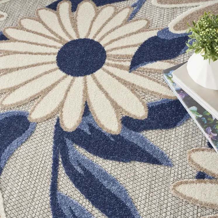 8' Blue and Gray Round Floral Indoor Outdoor Area Rug