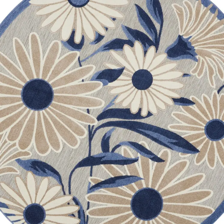 8' Blue and Gray Round Floral Indoor Outdoor Area Rug