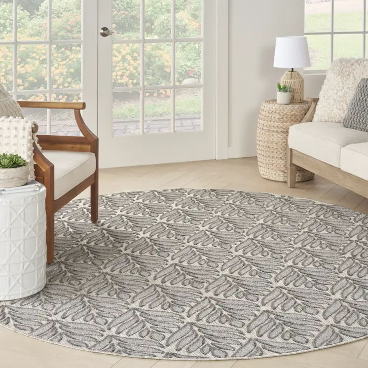 8' Charcoal Round Floral Indoor Outdoor Area Rug