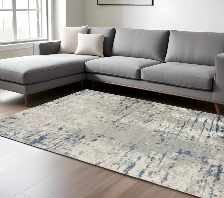 9' X 12' Ivory Gray And Blue Abstract Distressed Area Rug