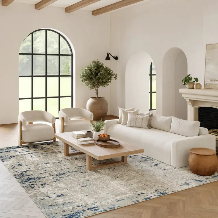 10' X 14' Ivory Gray And Blue Abstract Distressed Area Rug