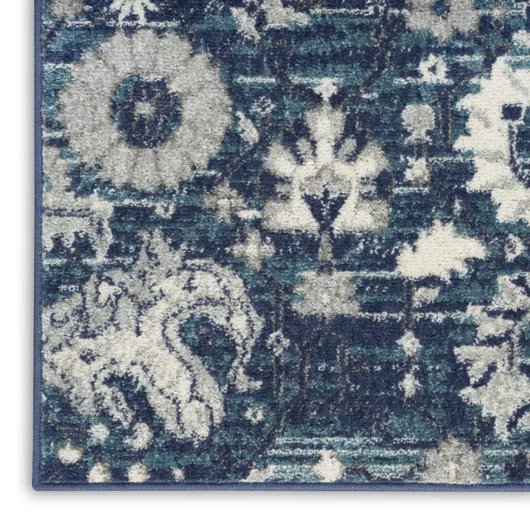 10' Blue And Ivory Floral Distressed Runner Rug