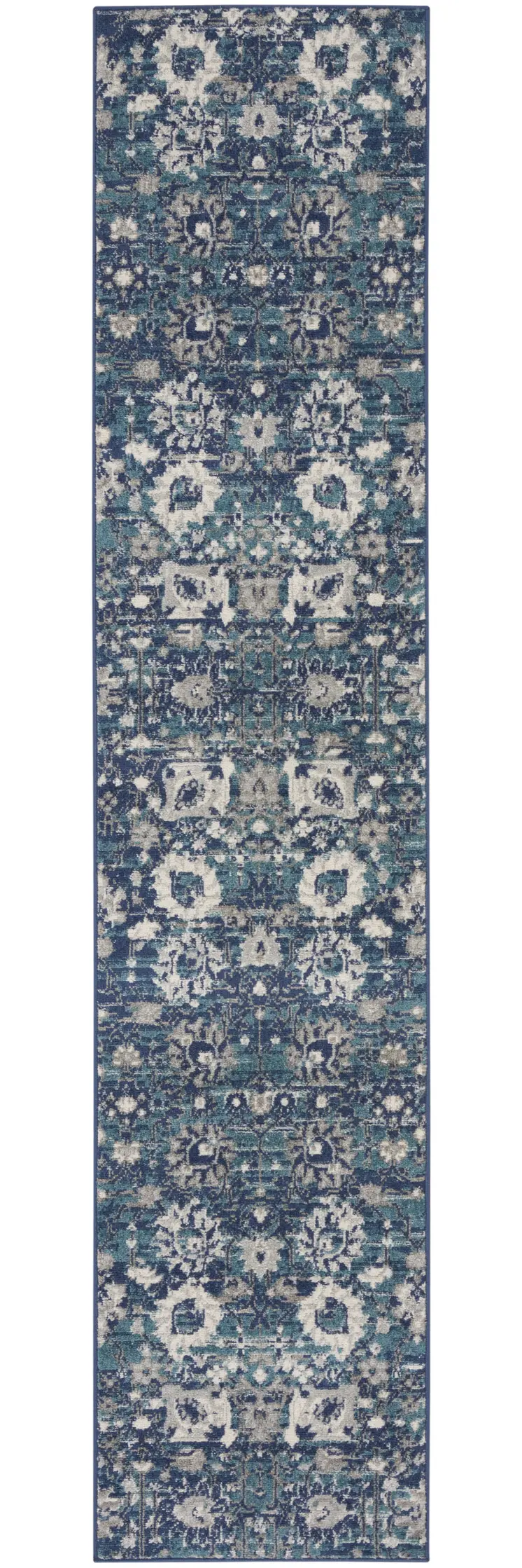 10' Blue And Ivory Floral Distressed Runner Rug