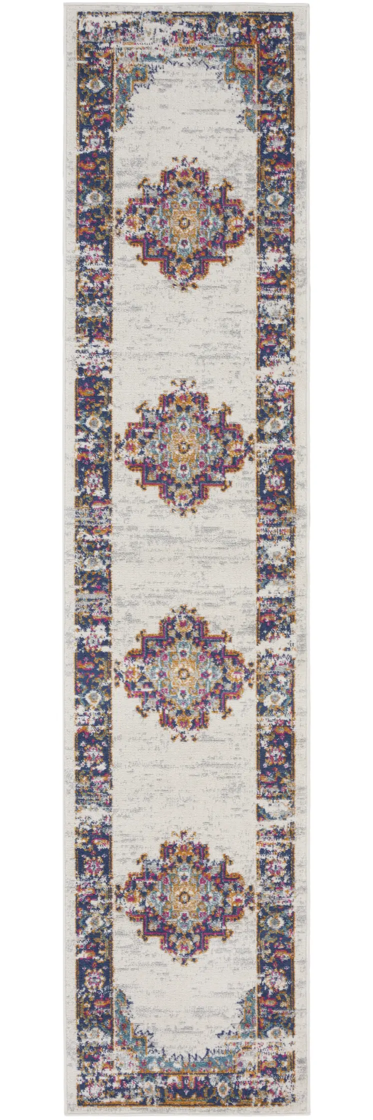 10' Blue And Ivory Oriental Distressed Runner Rug