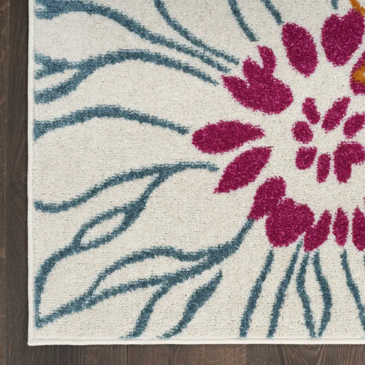 10' Ivory And Blue Floral Runner Rug