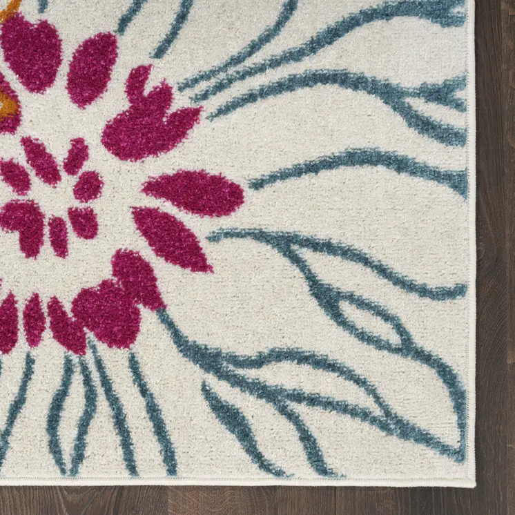 10' Ivory And Blue Floral Runner Rug