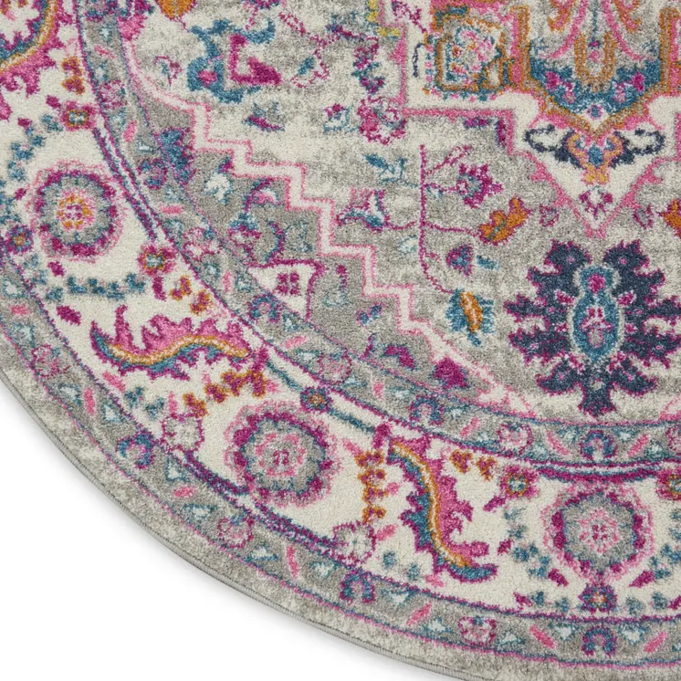 4' Gray Round Floral Power Loom Area Rug