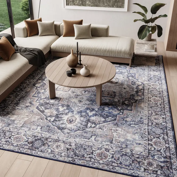 8' X 10' Blue And Pink Floral Power Loom Distressed Washable Area Rug