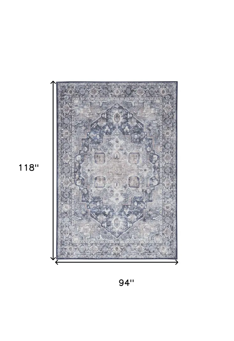 8' X 10' Blue And Pink Floral Power Loom Distressed Washable Area Rug