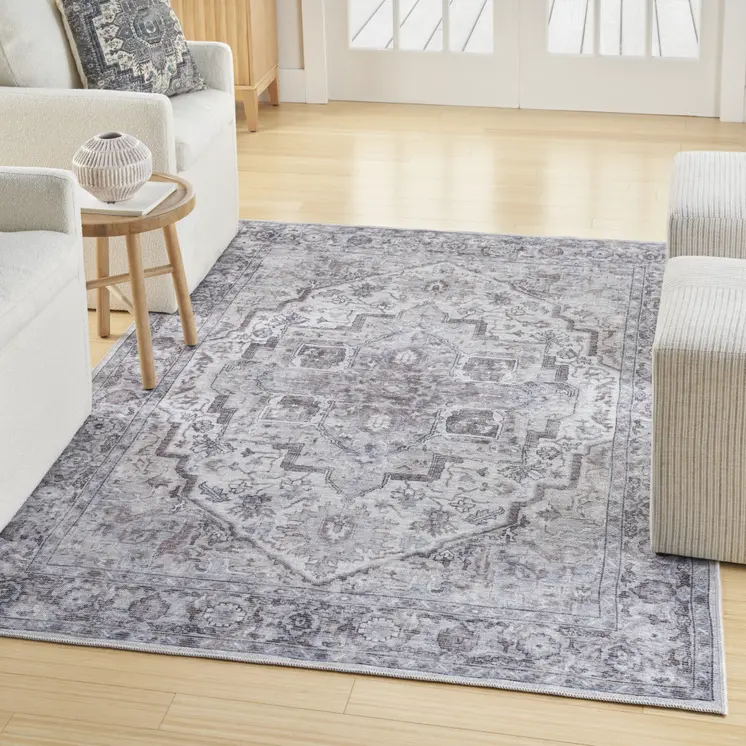 6' X 9' Blue And Pink Floral Power Loom Distressed Washable Area Rug