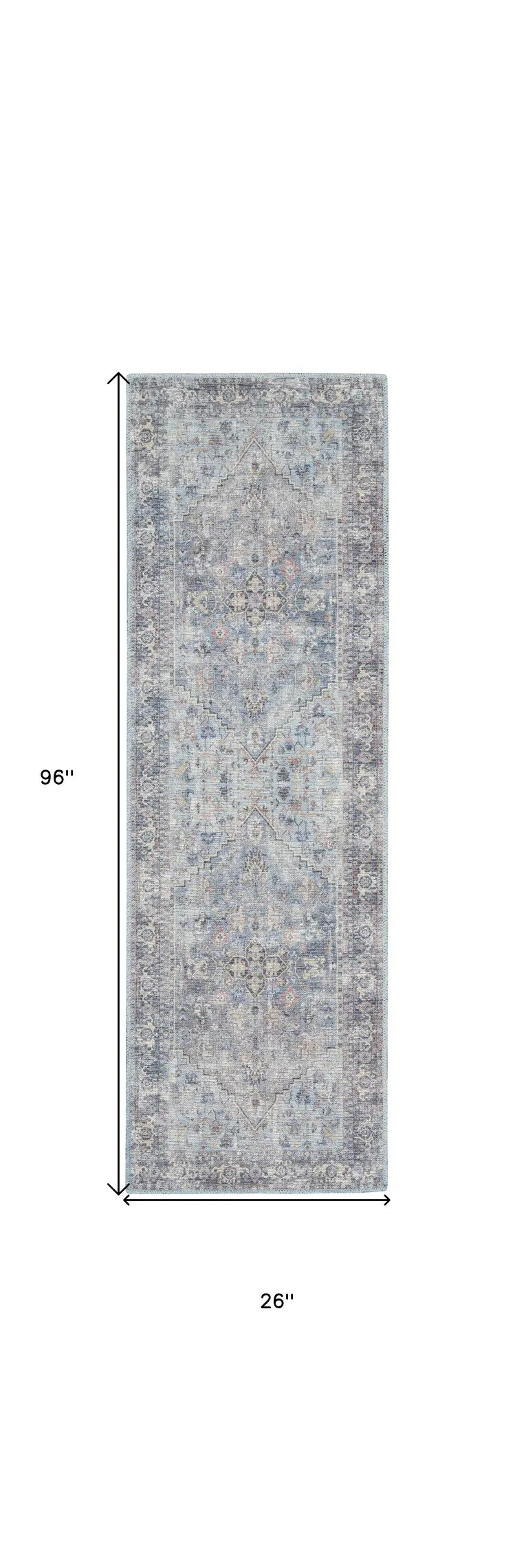 8' Gray Floral Power Loom Distressed Washable Runner Rug
