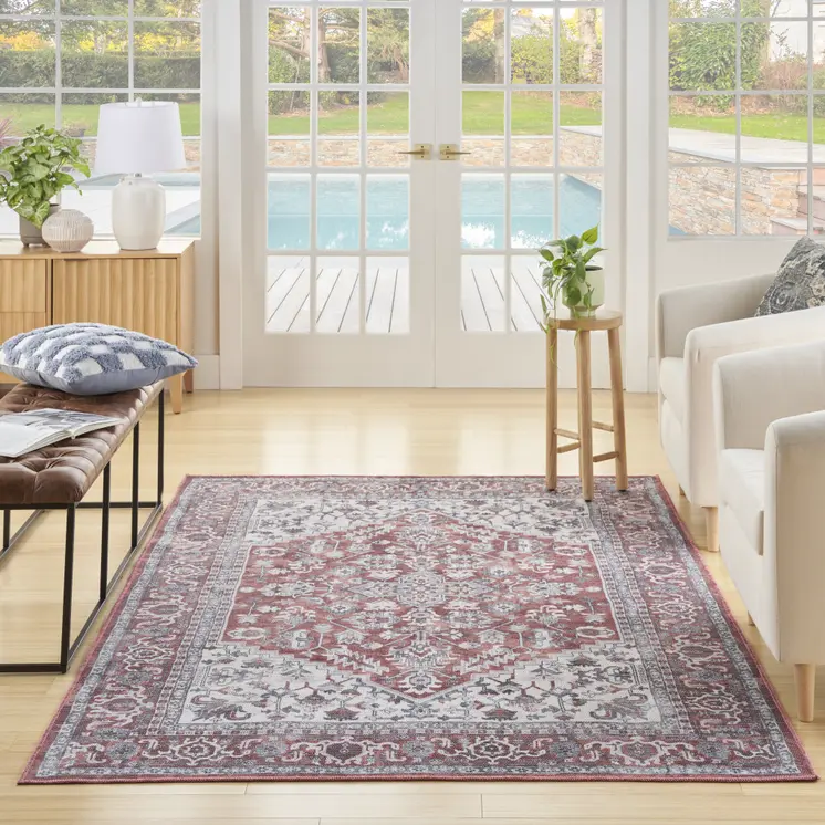 5' X 7' Gray Floral Power Loom Distressed Washable Area Rug