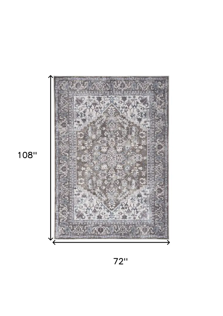 6' X 9' Gray Ivory and Blue Floral Distressed Washable Area Rug