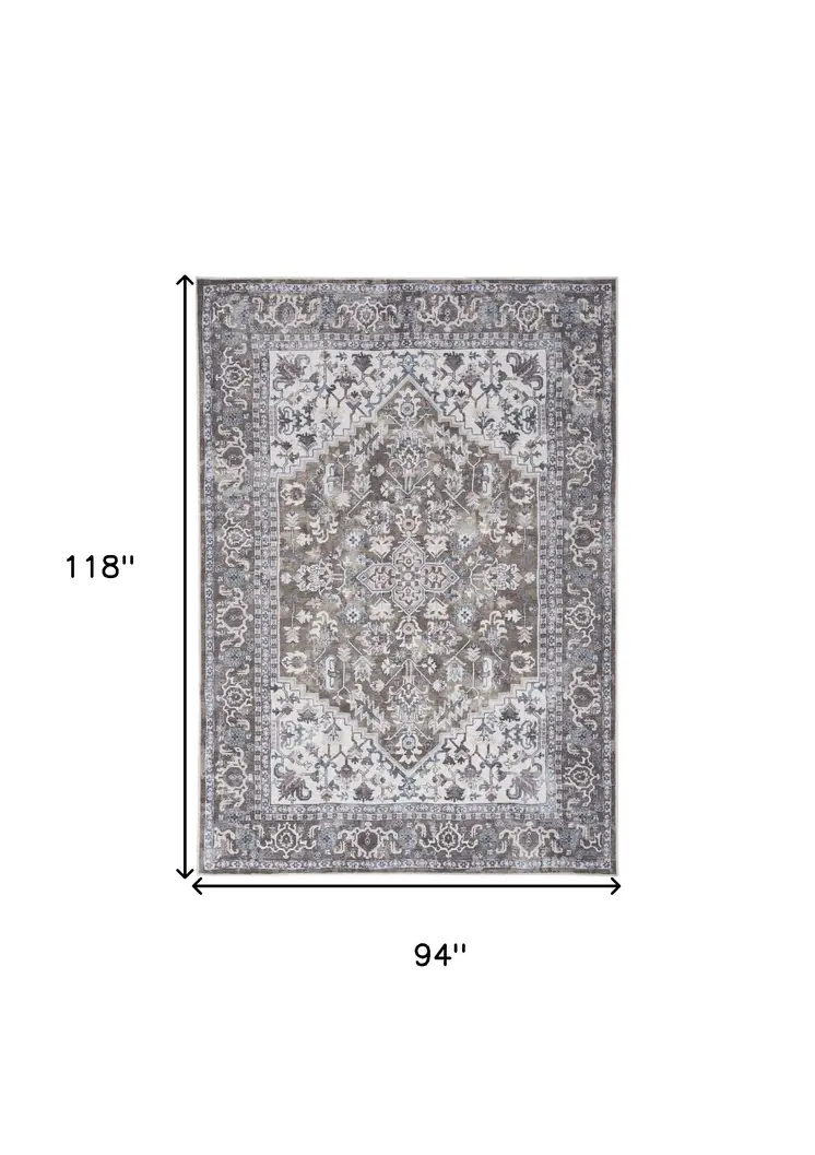 8' X 10' Gray Ivory and Blue Floral Distressed Washable Area Rug
