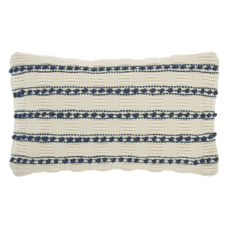 12" X 20" Ivory and Blue Striped Cotton Blend Throw Pillow With Texture
