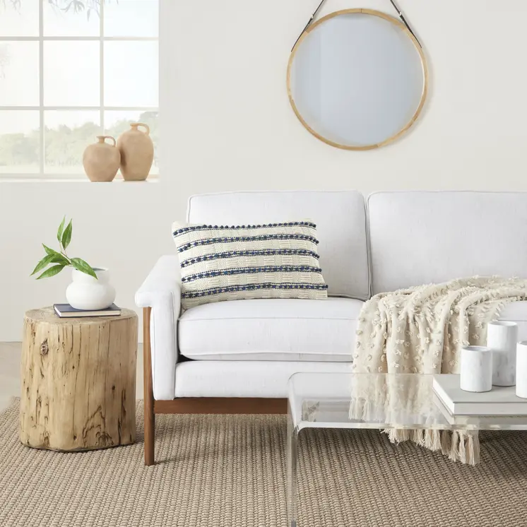 12" X 20" Ivory and Blue Striped Cotton Blend Throw Pillow With Texture
