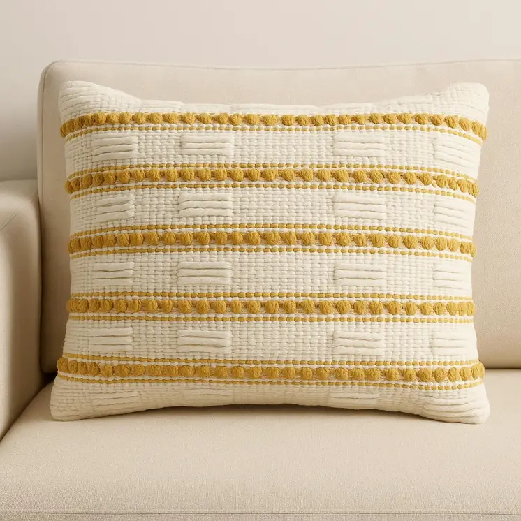 12" X 20" Yellow and Ivory Striped Cotton Blend Throw Pillow With Texture